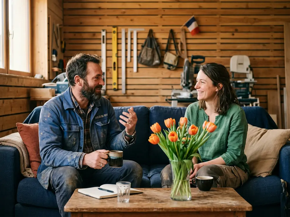 Deux artisans discutent sur un canapé devant un bouquet de tulipes. Image générée.